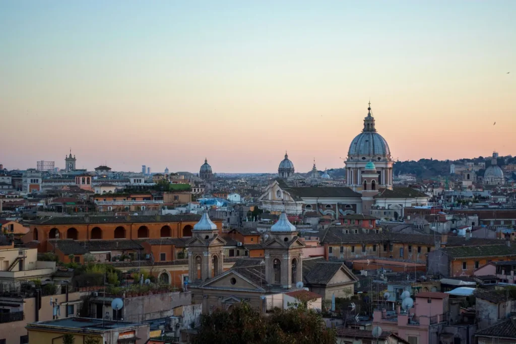 Rome rooftops and the dome of St Peter's at sunset