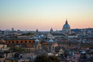 Rome rooftops and the dome of St Peter's at sunset