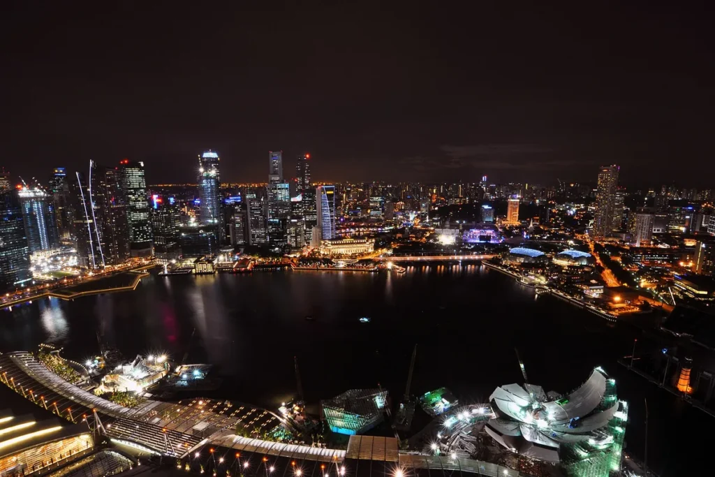 The Singapore skyline and Marina Bay at night seen from above