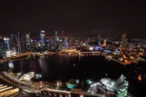 The Singapore skyline and Marina Bay at night seen from above