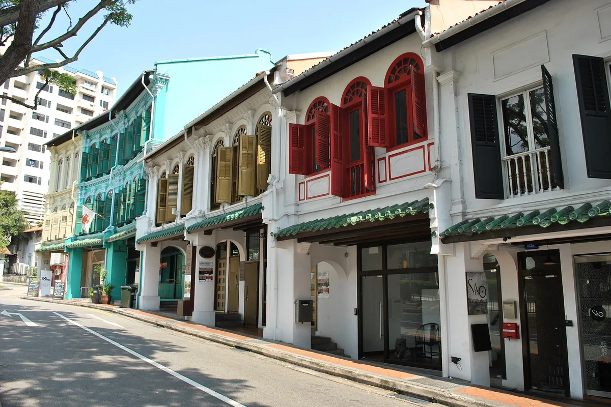 Colourful restored shophouses on Duxton Hill in the Tanjong Pagar area of Singapore