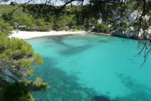 Cala Macarella cove in Menorca with turquoise water and pine-covered hillsides