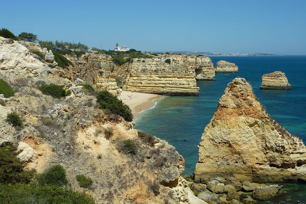 Praia da Marinha beach and sandstone cliffs in the Algarve