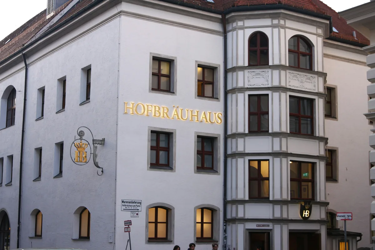 The Hofbräuhaus building in Munich, with its sign above the entrance