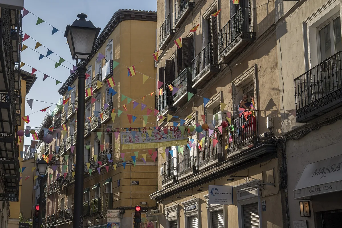 A street in Chueca, Madrid, hung with festival bunting
