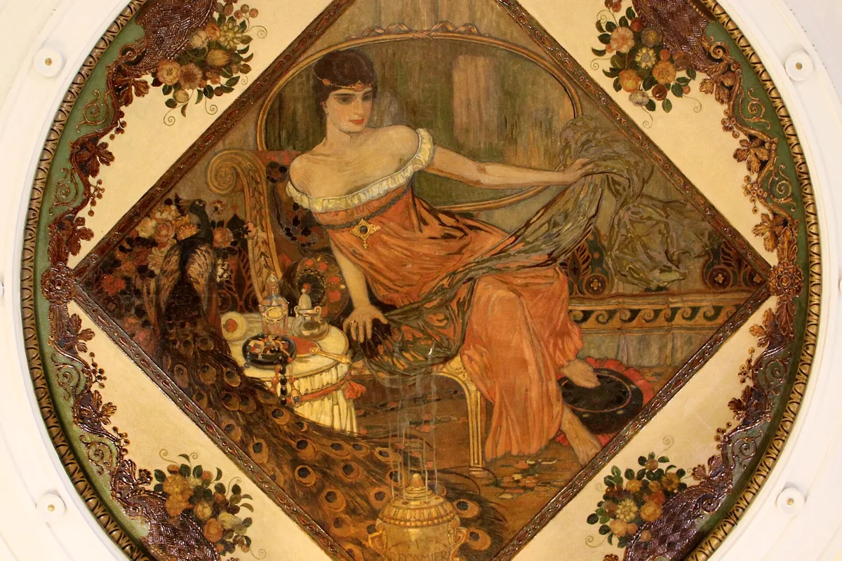 Painted Liberty-style ceiling medallion inside Caffè Gilli in Florence