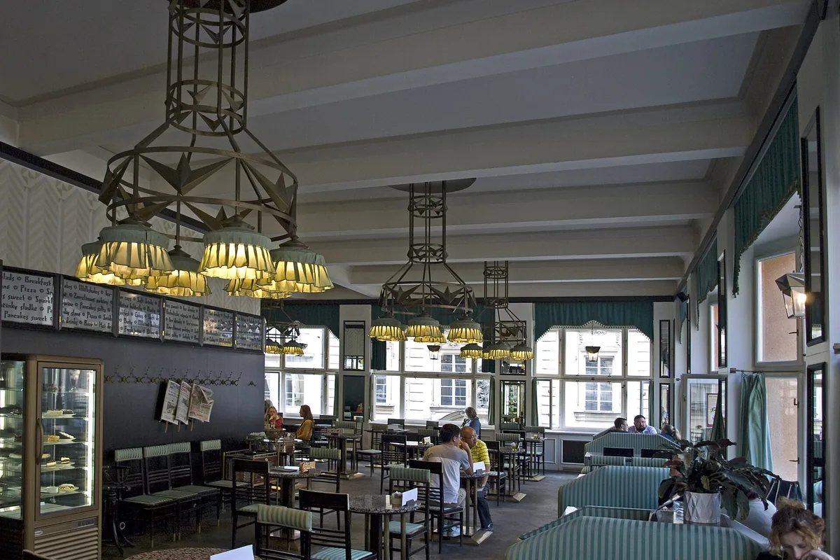 The Cubist interior and chandeliers of Grand Café Orient, Prague