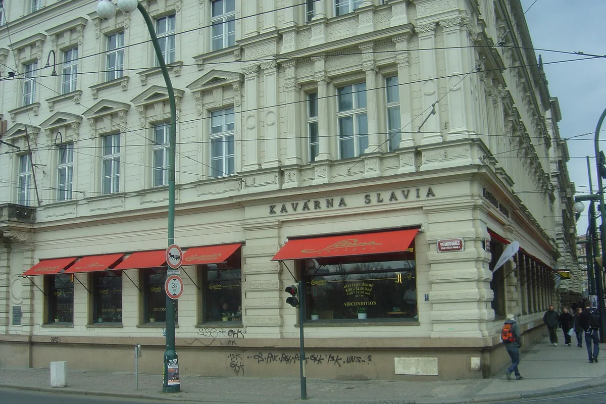 Café Slavia and its sign on the corner of Národní třída, Prague