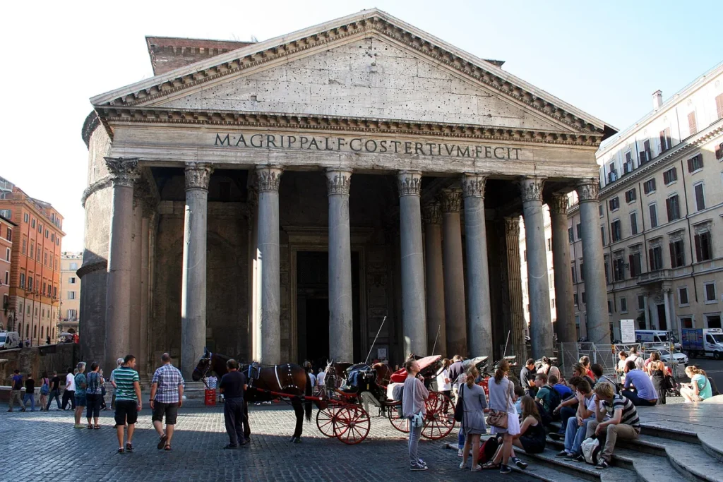 The Pantheon portico on Piazza della Rotonda in the historic centre of Rome