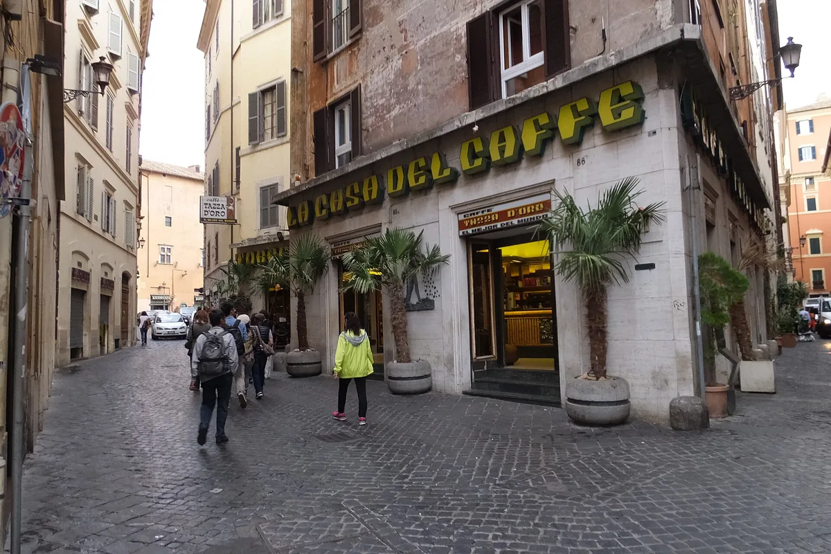 The corner entrance of Tazza d'Oro, La Casa del Caffè, near the Pantheon in Rome