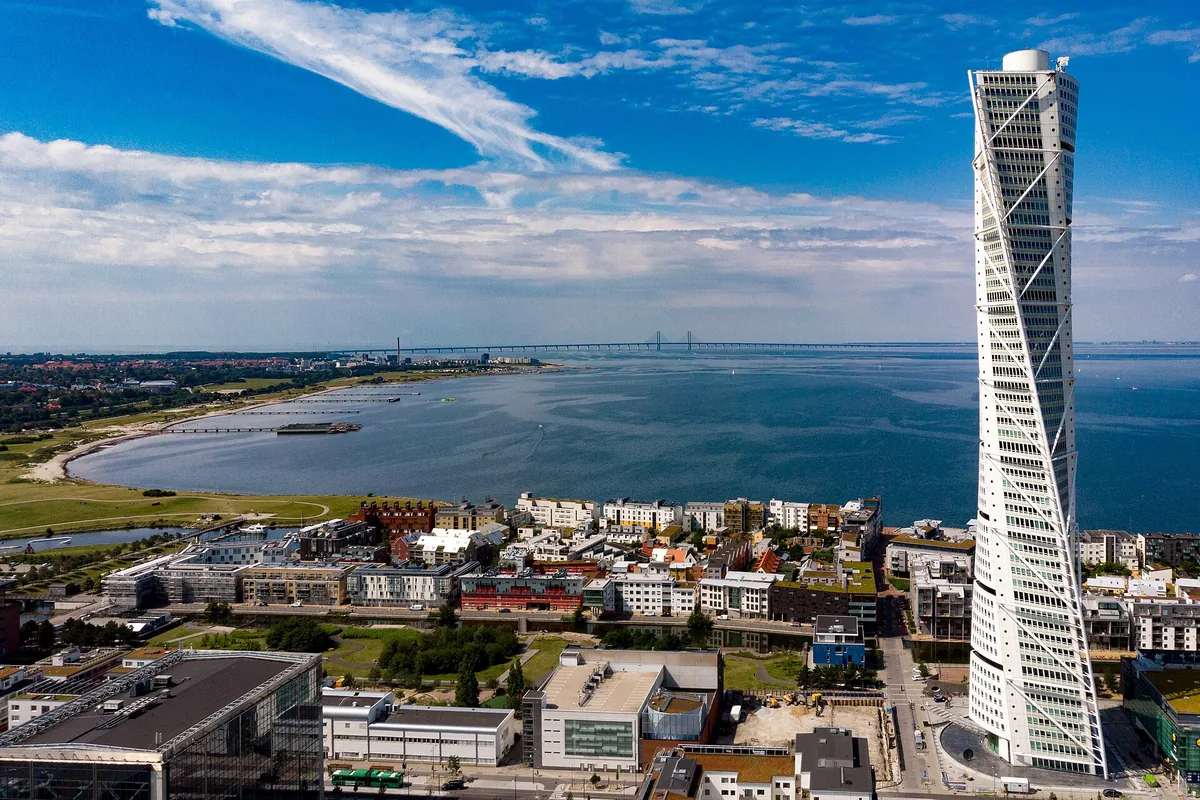 The Turning Torso tower above the Western Harbour in Malmö