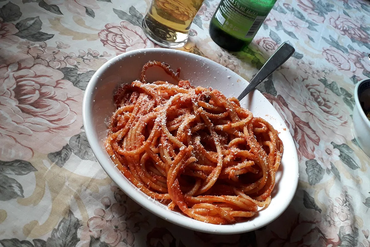 A plate of bucatini all'amatriciana in Rome