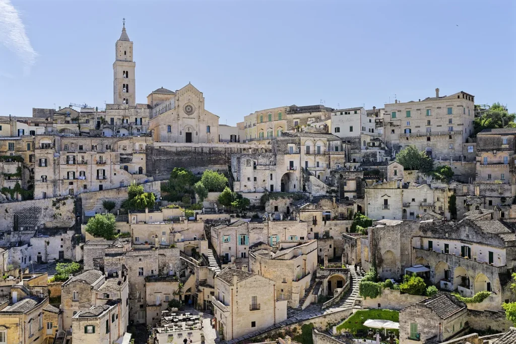 The Sassi di Matera in Basilicata, Italy, with the cathedral bell tower above the old stone houses