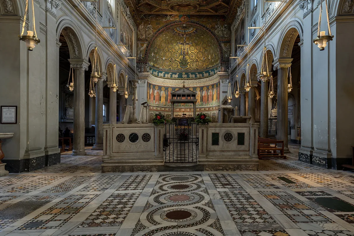 The nave and apse mosaic of the upper church of the Basilica of San Clemente, Rome
