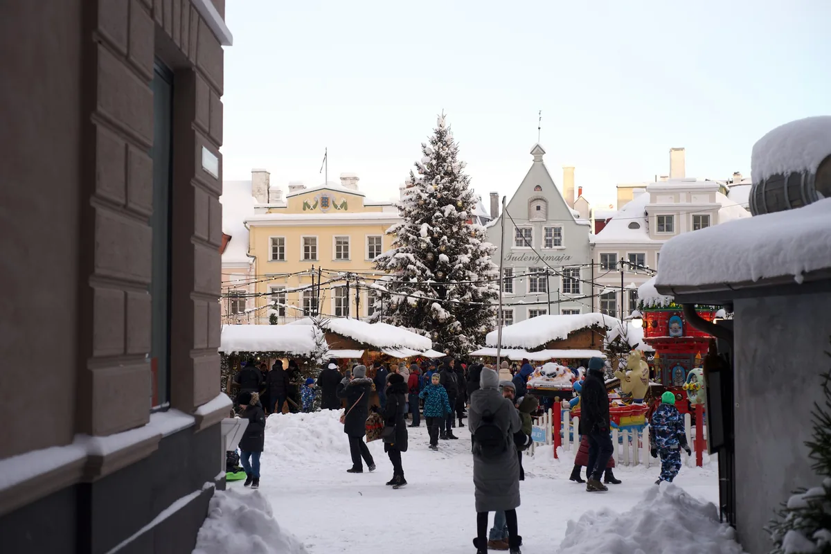 Snowy Christmas market and tree on Tallinn's Town Hall Square