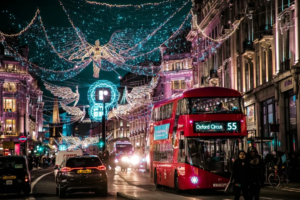 Christmas lights strung above Regent Street in London