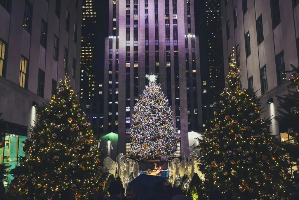 Rockefeller Center Christmas tree lit up in New York City