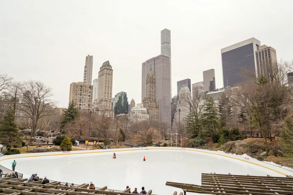 Wollman Rink in Central Park with the Midtown skyline behind