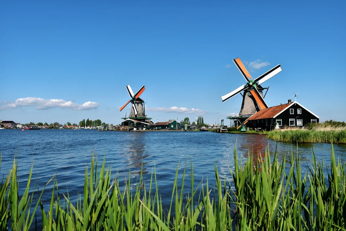 Windmills beside the River Zaan at Zaanse Schans in the Netherlands