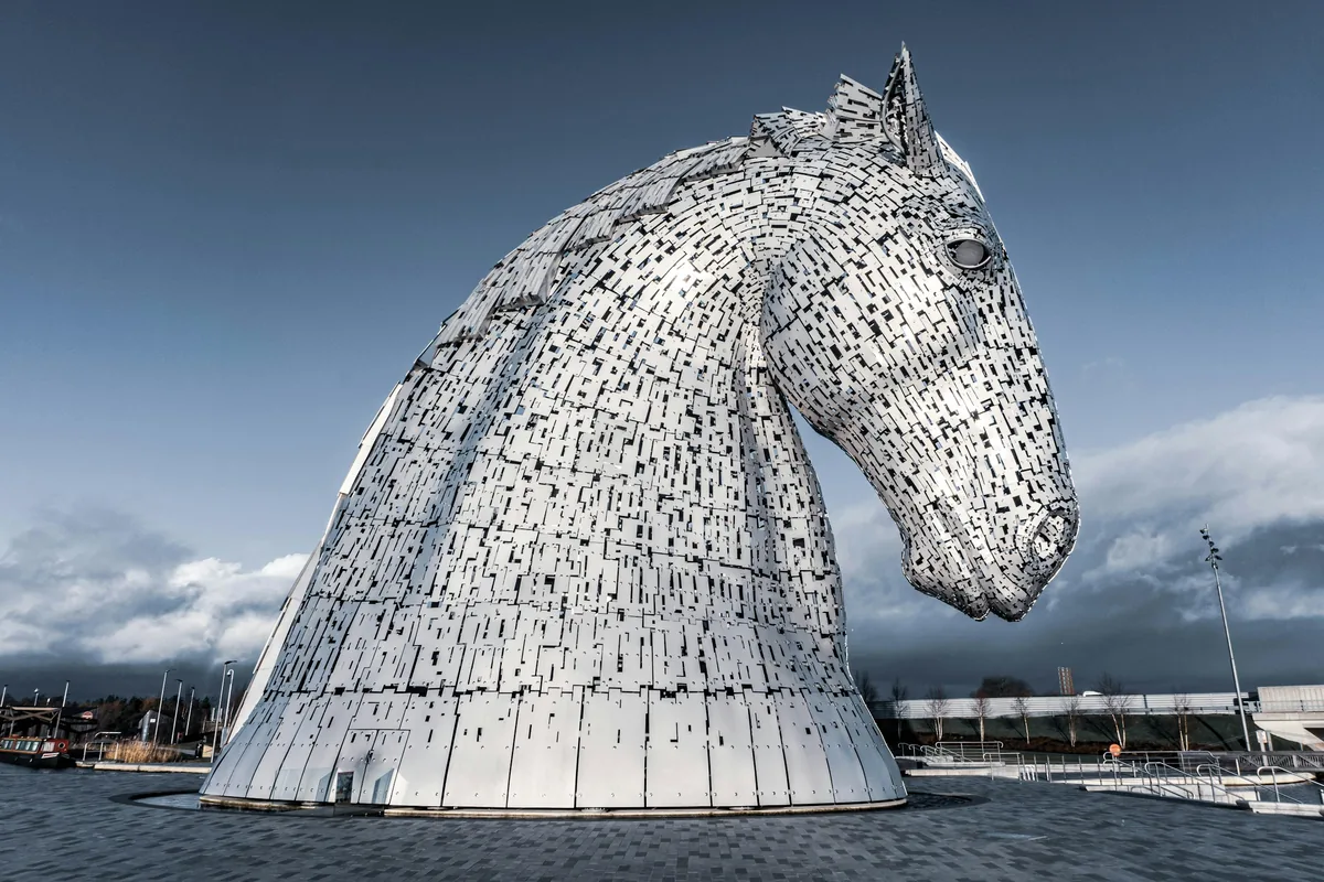 One of The Kelpies, the giant steel horse-head sculptures at The Helix near Falkirk