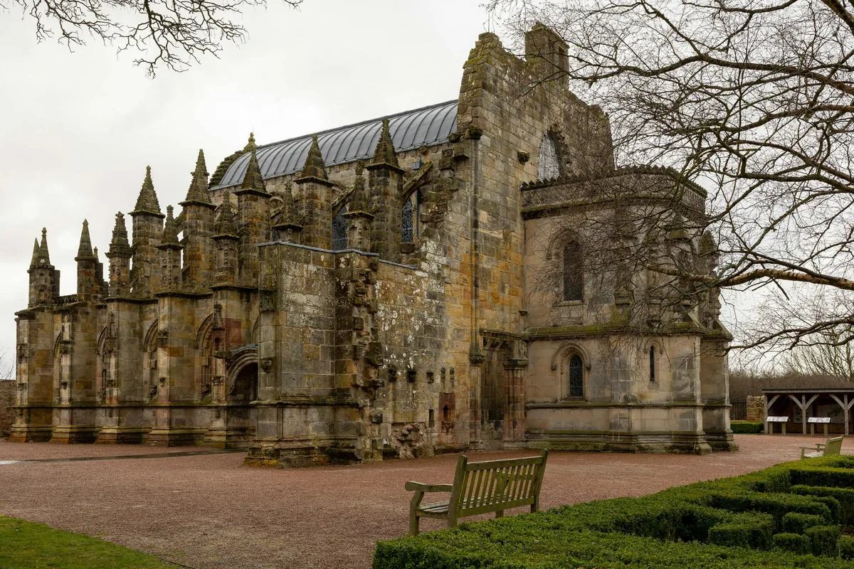 The Gothic exterior of Rosslyn Chapel in Roslin, near Edinburgh