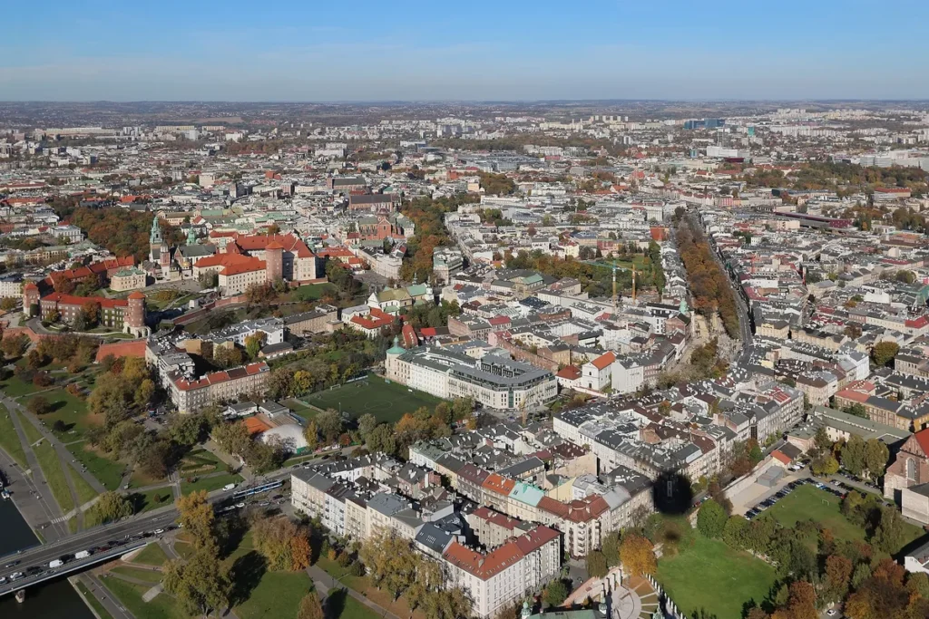 Krakow Old Town rooftops and Wawel Hill seen from above