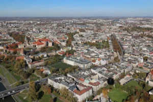 Krakow Old Town rooftops and Wawel Hill seen from above