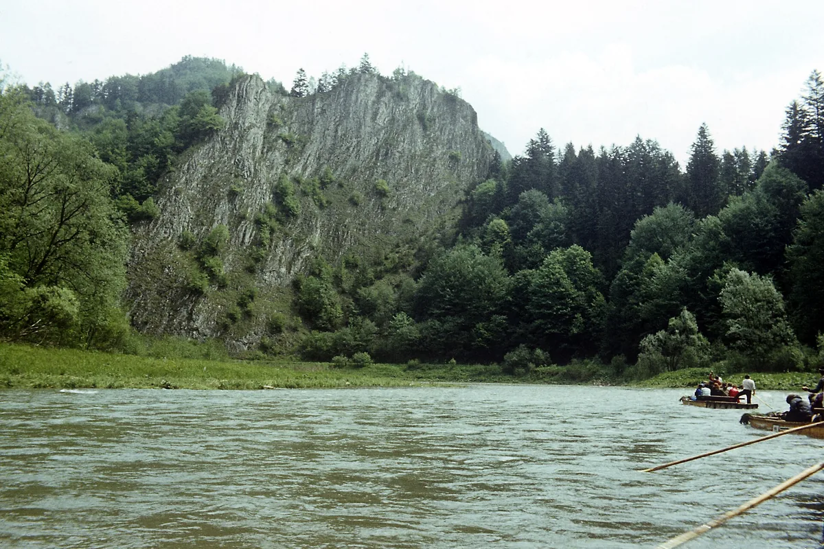Limestone cliffs of the Dunajec River Gorge with rafts on the river
