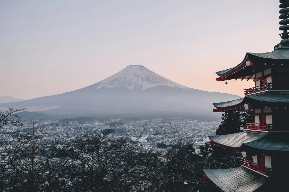 Chureito Pagoda with Mount Fuji behind it at Fujiyoshida