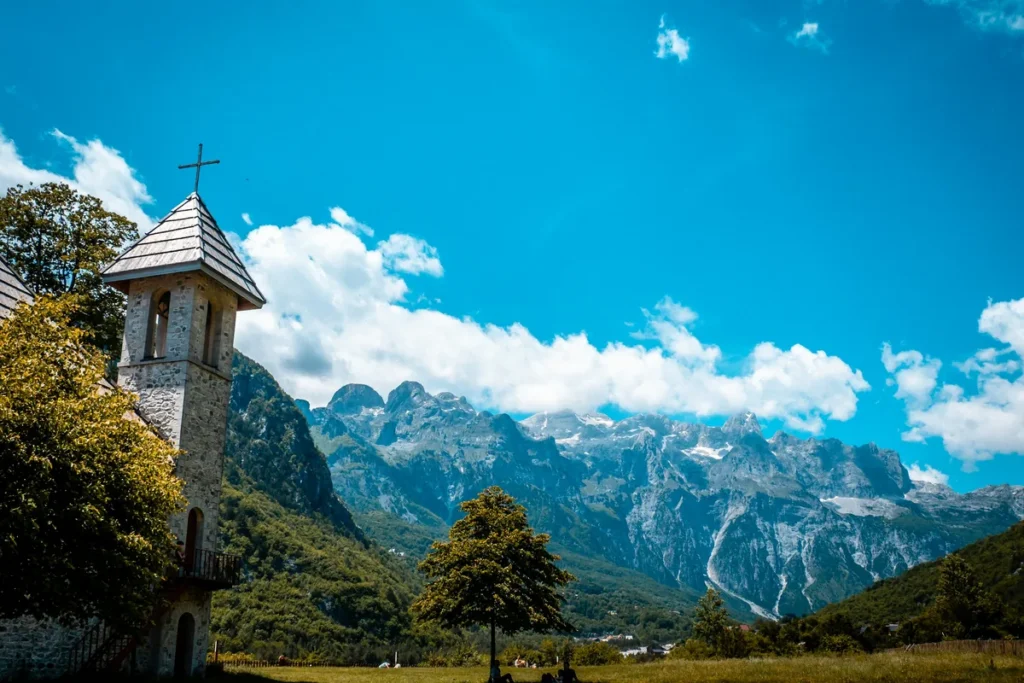 Mountain valley and village of Theth in the Albanian Alps