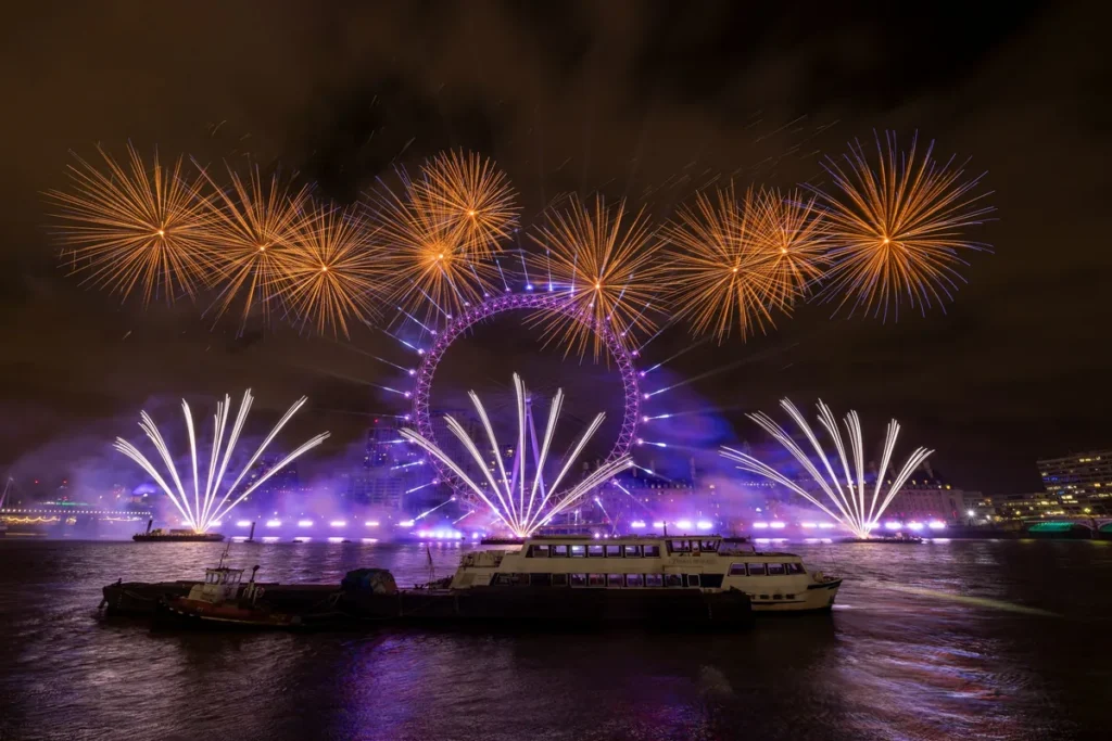 New Year's Eve fireworks exploding over a European city