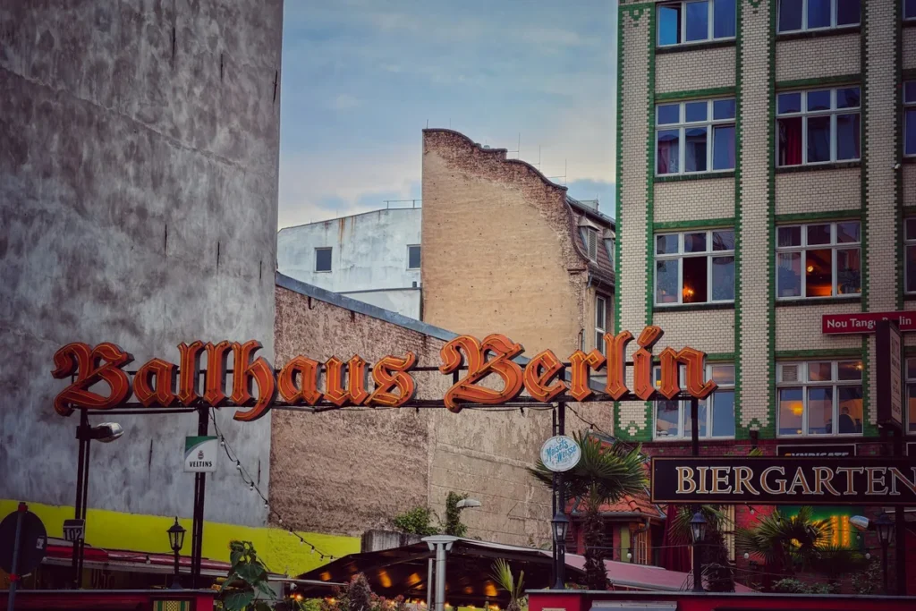 A beer garden sign on a street corner in Berlin, Germany