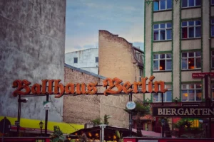 A beer garden sign on a street corner in Berlin, Germany