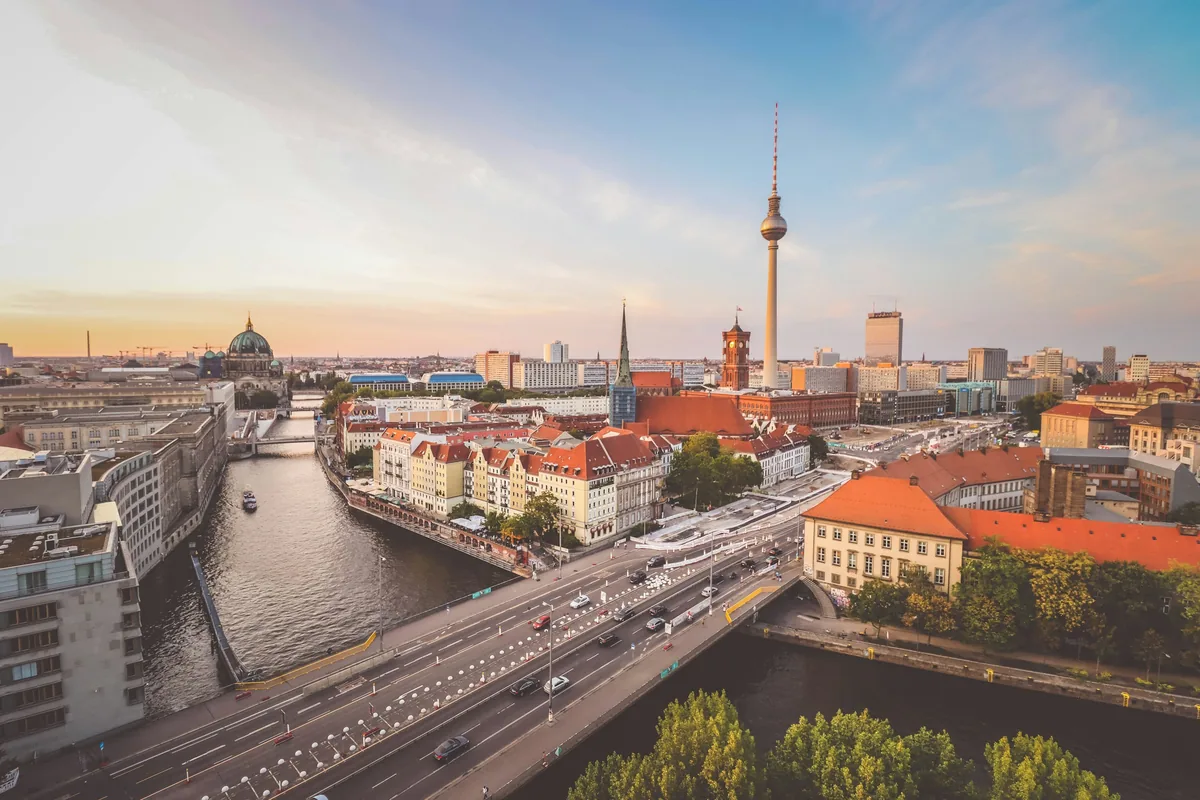 The River Spree, the Red Town Hall and the TV Tower seen from above the Nikolaiviertel in Berlin