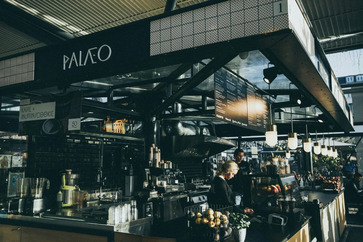 A coffee and food stall in a Copenhagen market