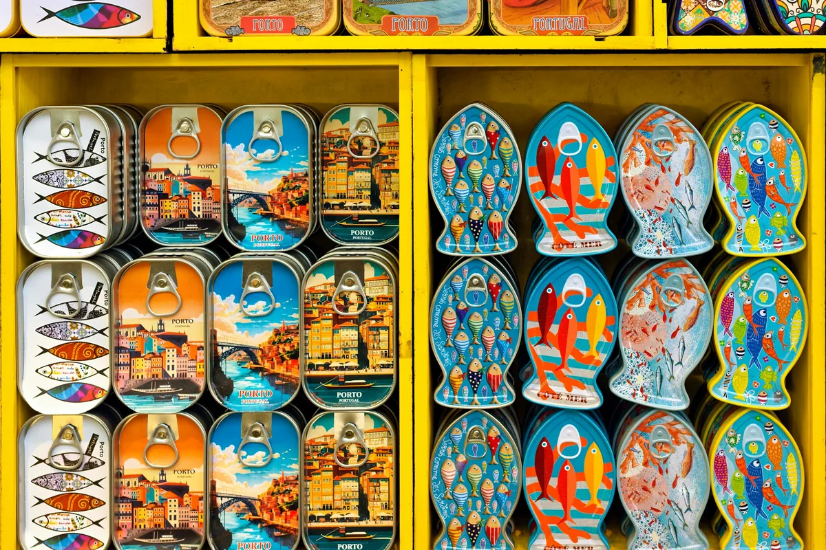Colourful tins of Portuguese sardines on display