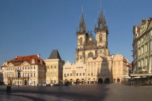 The towers of the Church of Our Lady before Týn on Old Town Square in Prague