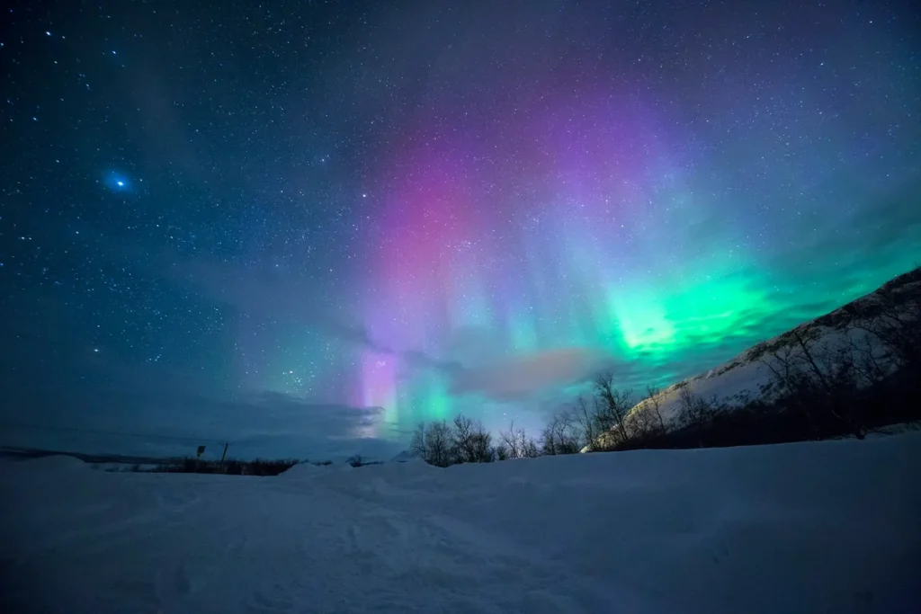 Green Northern Lights over a snowy Arctic landscape