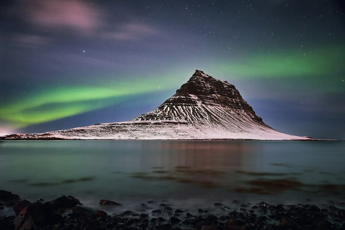 Northern Lights over Kirkjufell mountain on Iceland's Snæfellsnes Peninsula