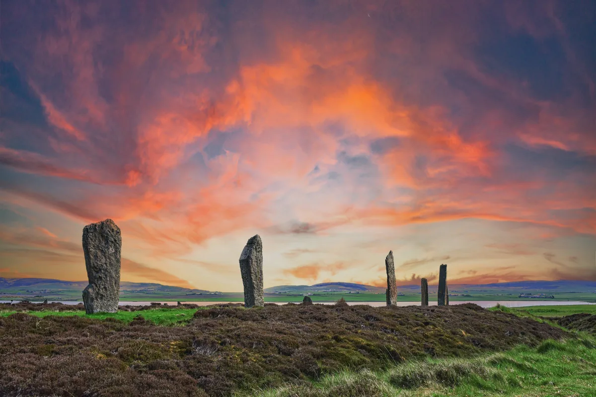 Standing stones of the Ring of Brodgar in Orkney at sunset