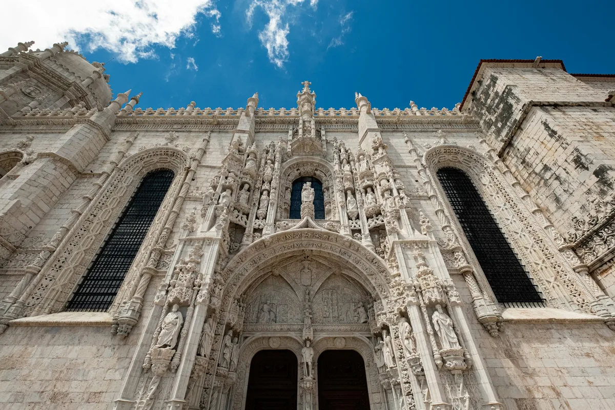 Carved Manueline facade of the Jerónimos Monastery in Belém, Lisbon