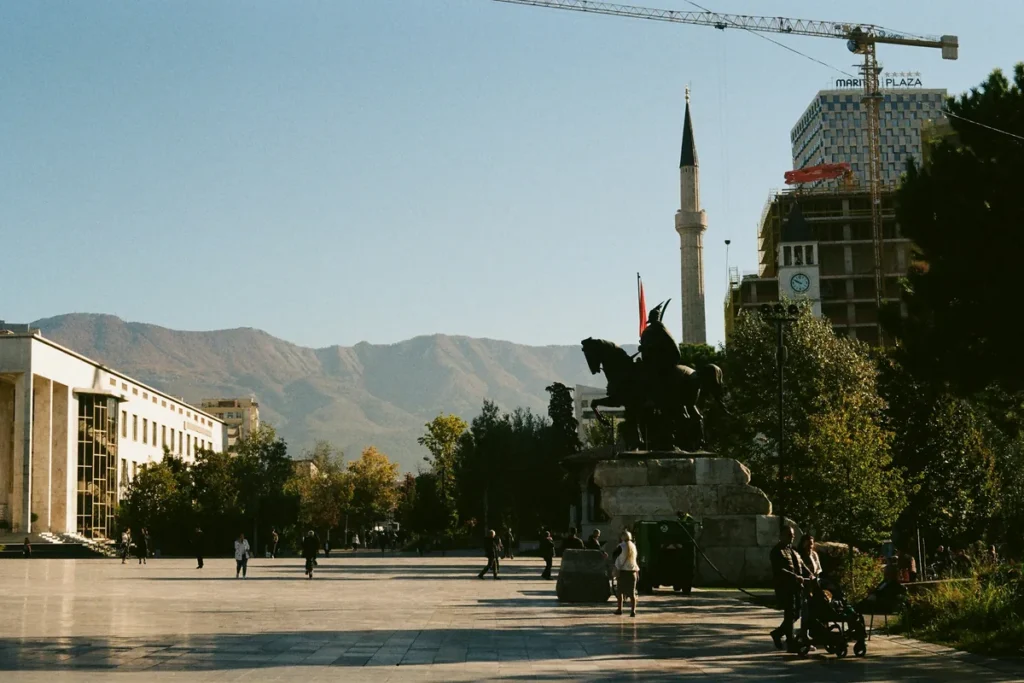 Skanderbeg Square and colourful buildings in Tirana, Albania